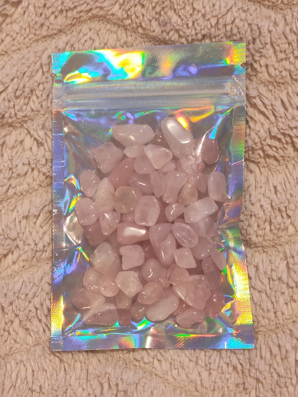 NEW! 3oz- Rose Quartz Tumbled Stones in Holographic Resealable Bag